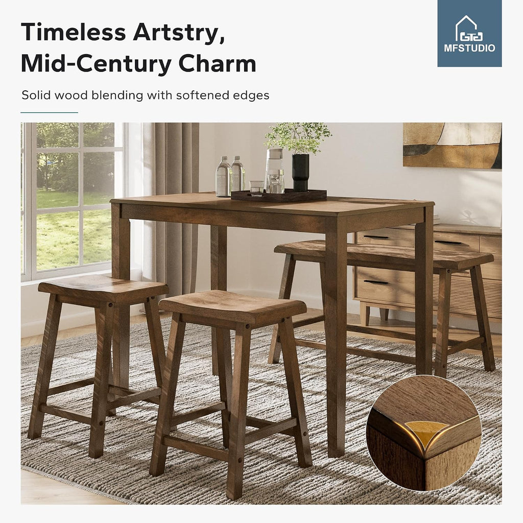 MFSTUDIO Dining Table Set for 4, Counter Height Table and Chairs, Kitchen Table Set with Bench, Breakfast Bar Table and Chairs Set Space Saving, Rustic Caramel