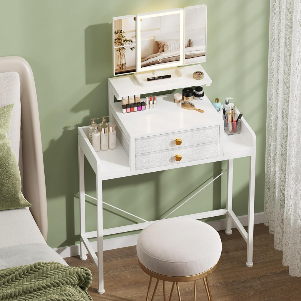 HIGDBFE Vanity Desk with Mirror and Lights 28.4''W Small Makeup Vanity | Vanity Table with Height-Adjustable Stand, 2 Fabric Drawers Compact Makeup Desk, Gift for Girls, Bedroom Small Space, White