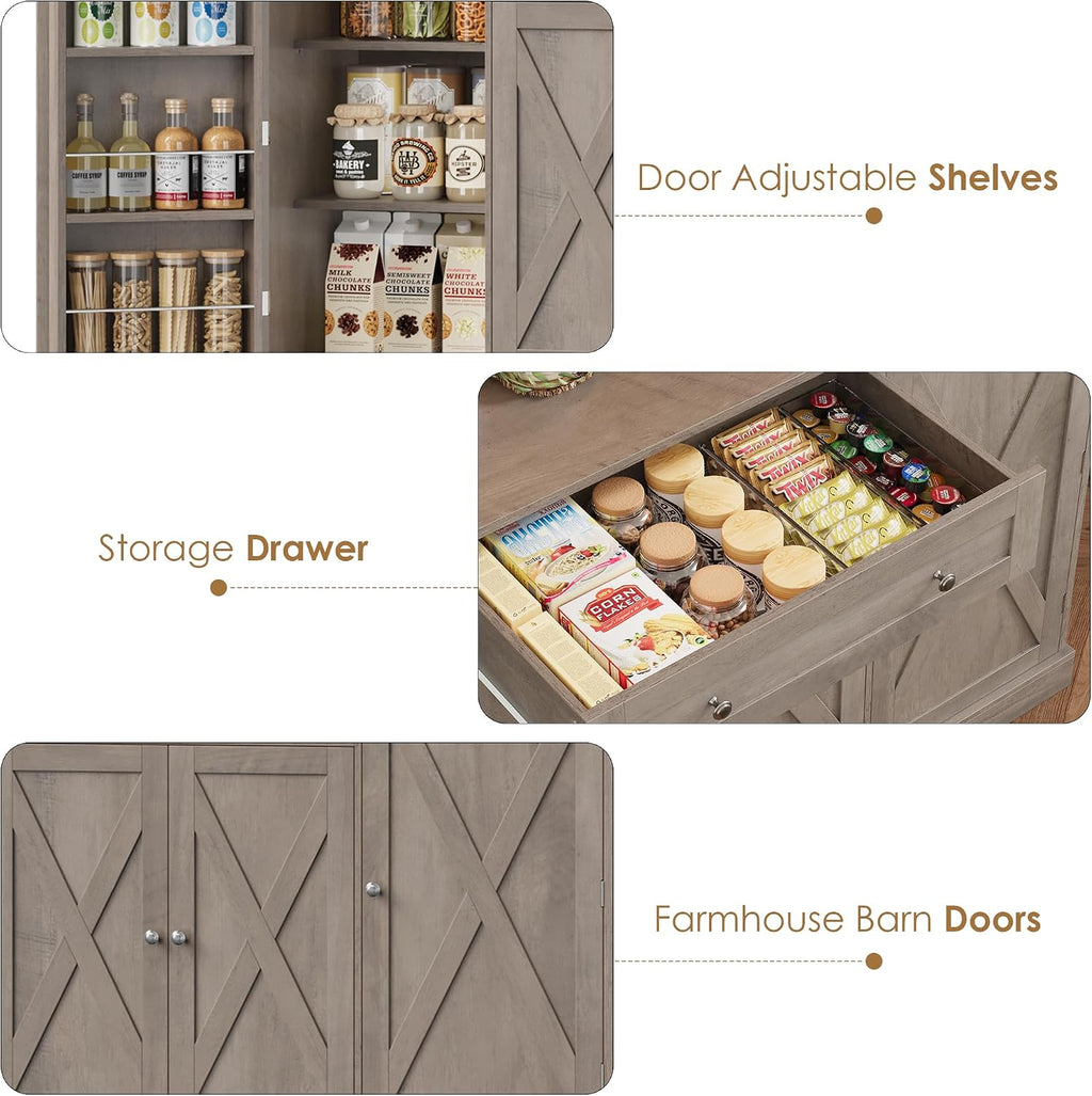 HIFIT 72.8” Tall Kitchen Pantry Cabinet with LED & Charging Station, 55” Wide Farmhouse Pantry Cabinet with Microwave Stand&Shelves&Swing-Out Door, Kitchen Hutch Coffee Bar for Living Room, Grey