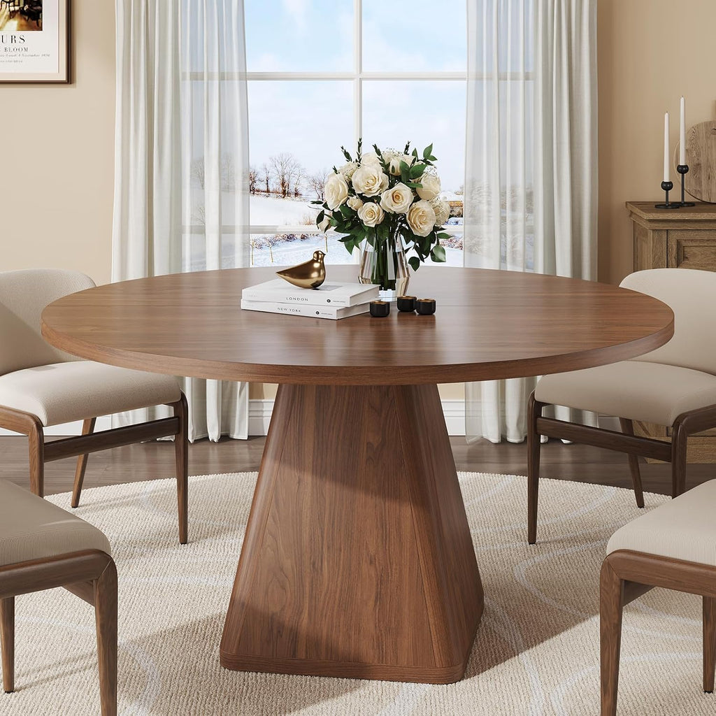 47 Inch Round Dining Table for 4-6, Circle Kitchen Table with Thickened Tabletop, Modern Dining Room Tables with Square Pedestal Base, Dinner Tables for Kitchen Small Space, Walnut (Table Only)