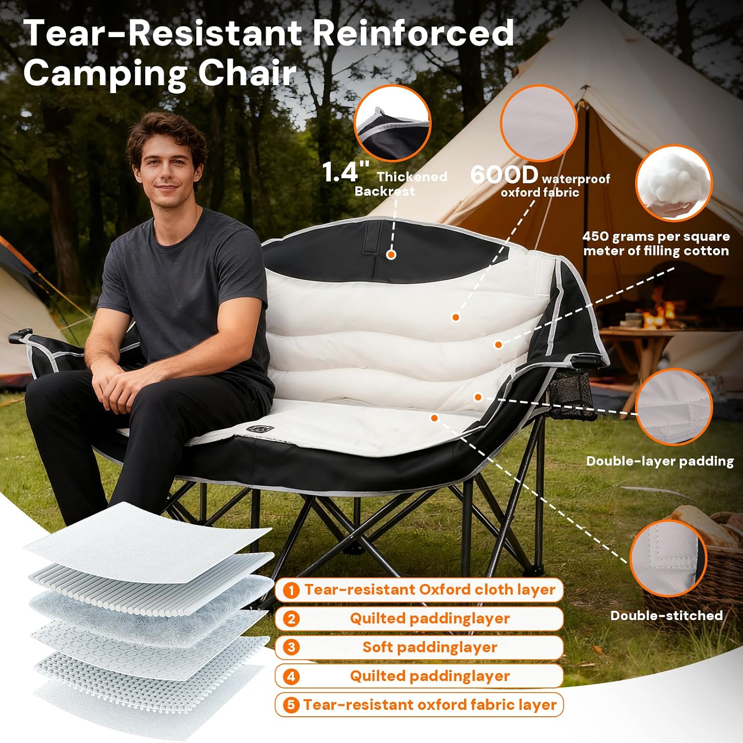 Double Camping Chair 2 Person Oversized Heavy Duty Padded Outdoor Folding Loveseat with Dual Cup Holders for Lawn Beach