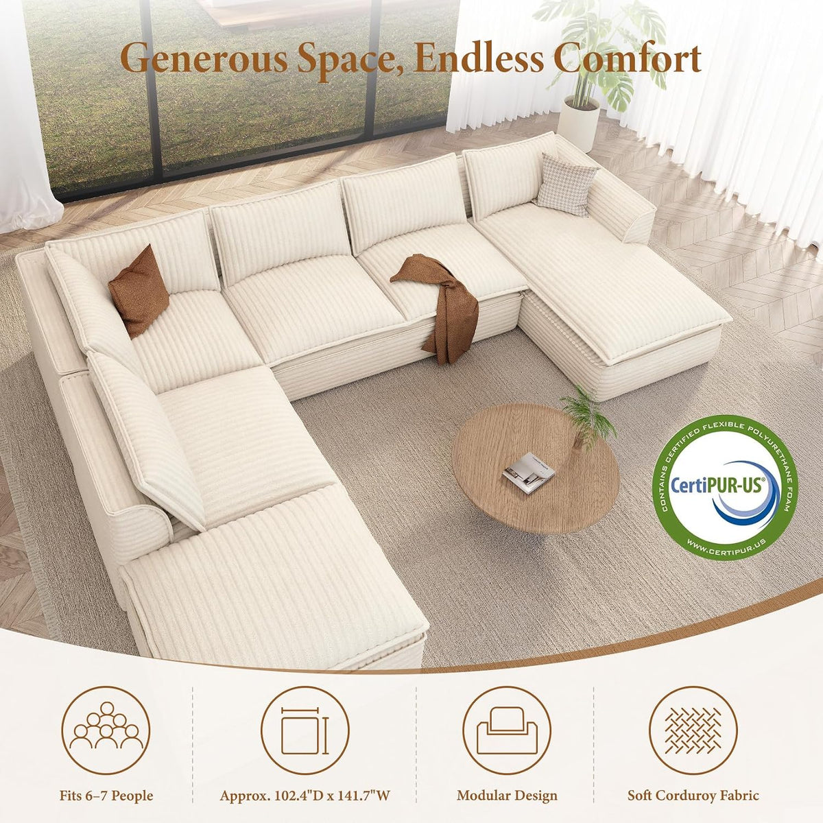Vesgantti 7 Seater Plush Corduroy Couch, 141.7" Large Sofa, Beige | Oversized Modular Sectional Couch with Chaise & Ottoman, Deep Seat Cloud Sofa for Living Room, No Assembly Compressed Sofa