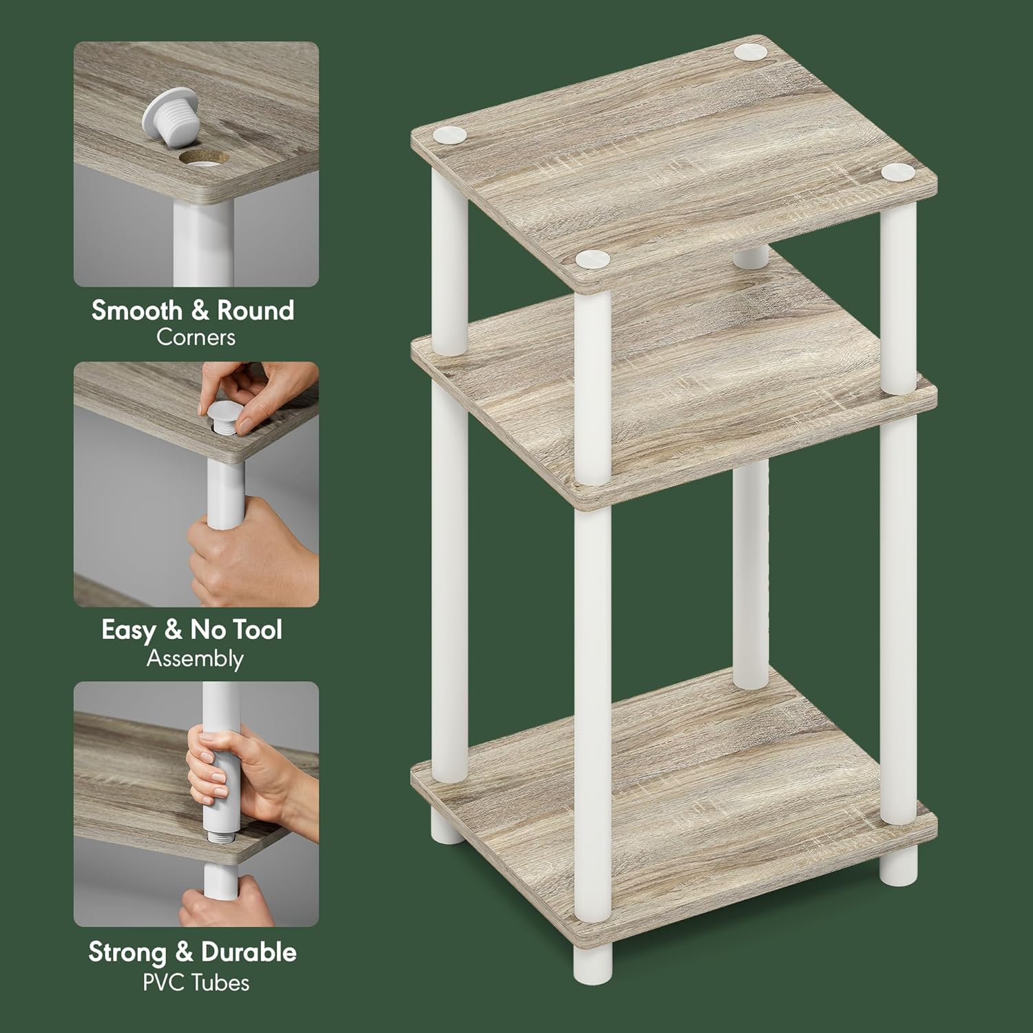 Furinno Turn-N-Tube Side Table, 3-Tier End Table with Open Shelf, Toolless Assembly Night Stand, Bedside Table, for Living Room, Bedroom, Light Oak