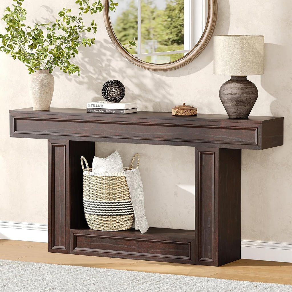 Rresyet 63" 2-Tier Entryway Console Table Behind Sofa with Sensor Lights | 2-Tier Storage Design, Sturdy U-Shape Base, Ideal for Entryway, Living Room, Corridor and Foyer