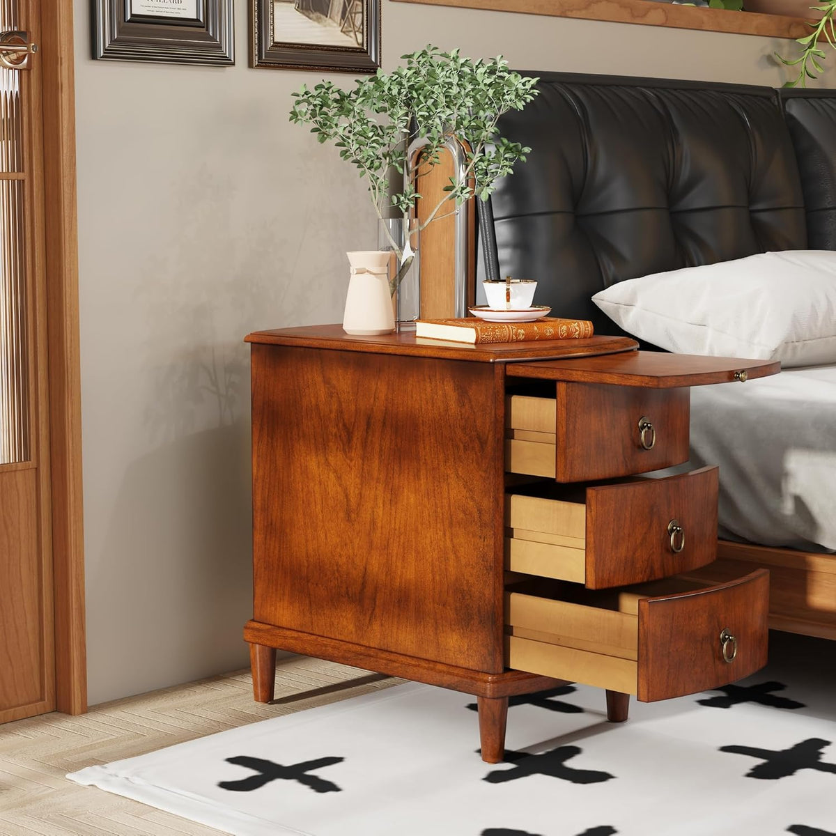 Solid Wood End Table with 3 Drawers, Cherry Red American Style Beside Table with Slide-Out Coffee Tray, Sofa Chair Side Table Nightstand for Living Room Bedroom, Rustic Wood Grain Accent Table 1569MG
