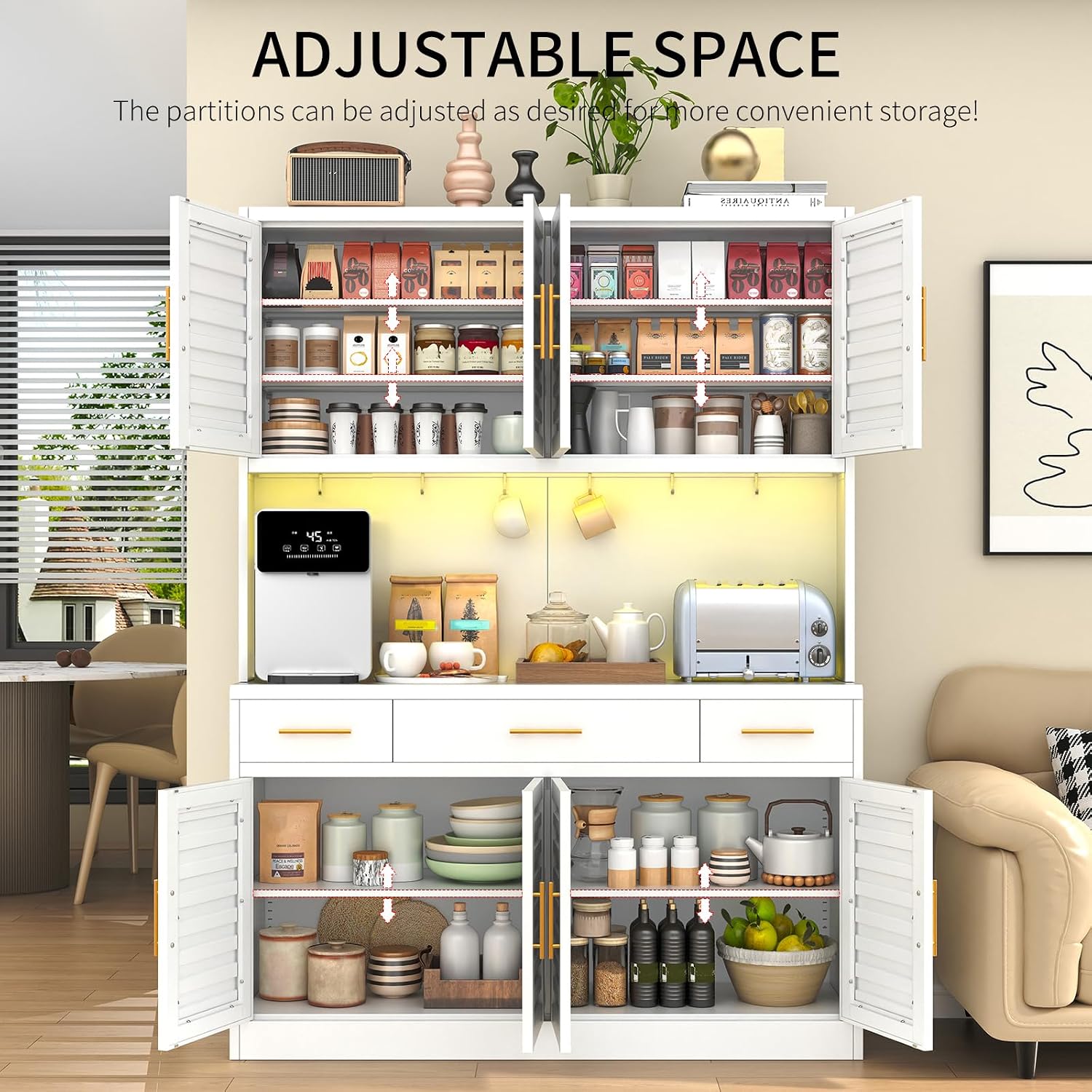 71" Tall Kitchen Pantry Cabinet, Metal Storage Cabinet, with 8 Doors & 6 Adjustable Shelves & 3 Drawer,Cupboard for Bathroom, Dinning Room, Kitchen, White