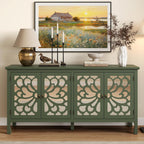 Fansafurn 63" Carved Buffet Cabinet with Mirrored Door, Modern Console Table with Storage and Adjustable Shelves, Wood Media Sideboard for Entryway, Living Room, Bedroom, Dining Room, Bathroom (Green)