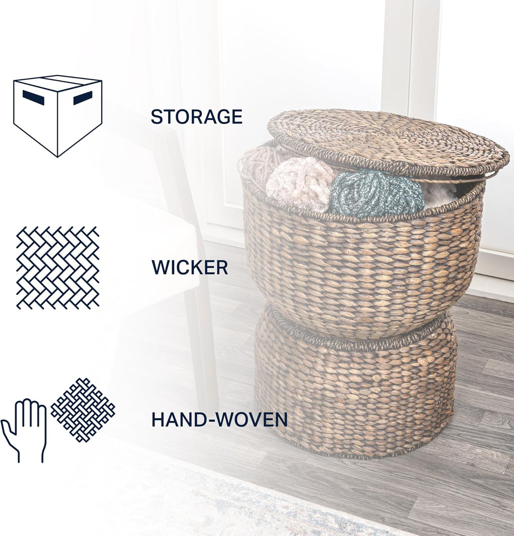 Eyely TAS1000B CAIA 18" Hourglass Handwoven Hyacinth Storage Accent Table with Lid, Brown Wash