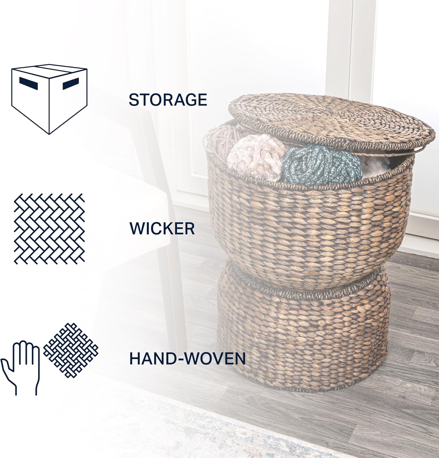 Eyely TAS1000B CAIA 18" Hourglass Handwoven Hyacinth Storage Accent Table with Lid, Brown Wash