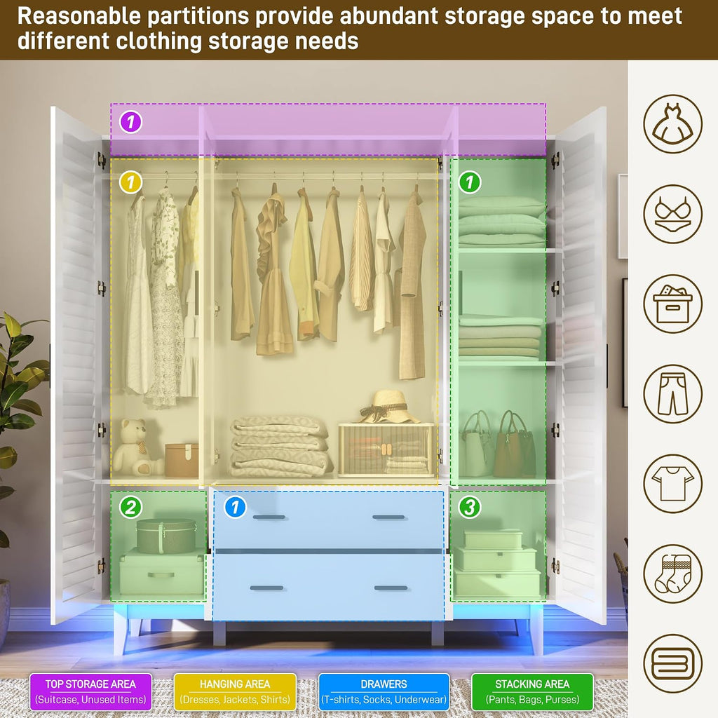 jiteentarou 4 Door Armoire Wardrobe Closet Cabinet with Drawers and LED Lights, Multi-Tier Shelves, Hanging Rod & 4 Louver Doors, Large Capacity Storage Wardrobe Armoire for Bedroom(4 Doors White)