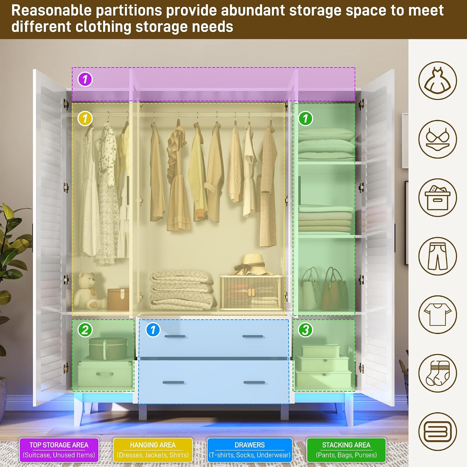 jiteentarou 4 Door Armoire Wardrobe Closet Cabinet with Drawers and LED Lights, Multi-Tier Shelves, Hanging Rod & 4 Louver Doors, Large Capacity Storage Wardrobe Armoire for Bedroom(4 Doors White)