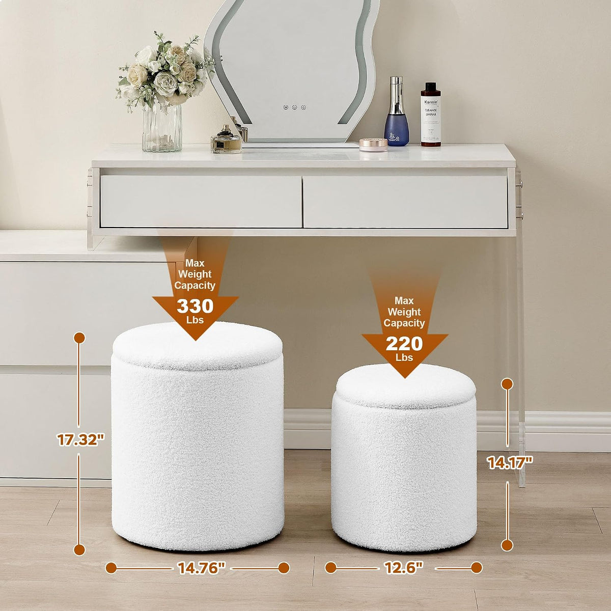oakvivo Round Set of 2 Ottoman with Storage, Boucle Storage Ottoman Foot Stool, Soft Teddy Upholstered Small Vanity Stool, Ottomans Padded Seat Foot Rest for Living Room Bedroom, White