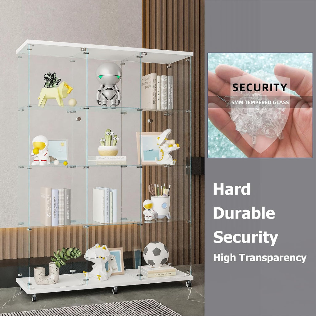 66.5" H 4-Shelf Extra Large Glass Display Cabinet with Double Doors,Modern Floor Standing Curio Cabinet Bookshelf Collection Display Case with Lockable Casters & Lock for Living Room (White)