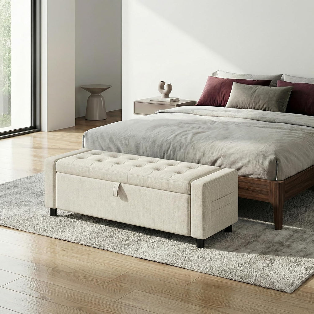 Amada 46" Storage Ottoman Bench with Safety Hinge, Hidden Compartment & Side Pocket - Upholstered End of Bed/Entryway Bench for Bedroom & Living Room, 400 lbs Weight Capacity, Beige