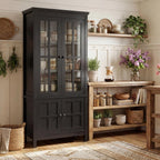 Farmhouse 63" Kitchen Pantry Storage Cabinet with Glass Doors & Hidden Storage, Display Kitchen Hutch Cupboard with Adjustable Shelves for Dining Room, Living Room Home Office
