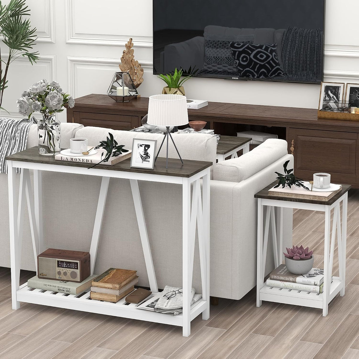 Entryway Table, 39" Farmhouse Console Table with Shelf Narrow Foyer Table | | 2-Tier Open Shelf,V-Shape Anti-Tip Legs,Slim Narrow Design,30-Min Easy Assembly,Sofa Table Use,Two-Tone Finish,Dark Oak