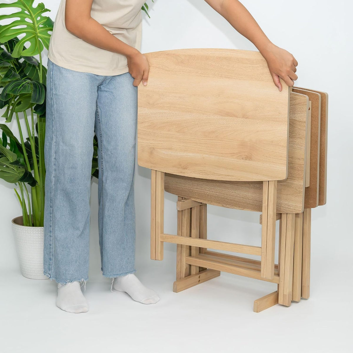 PJ Wood XL Oversize Tray Table, Natural Wood, 5-Pack | 33.2 lb Capacity, Rectangular Shape, Foldable Design, Space-Saving Storage