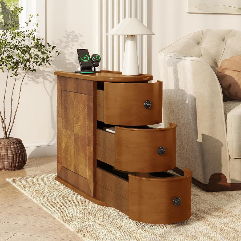 Narrow End Table with Charging Station, Wood Side Table with Drawers for Small Spaces, 3-Drawer Nightstand with Storage, Slim Bedside Cabinet for Living Room/Bedroom/Corner, Fully Assembled, Walnut