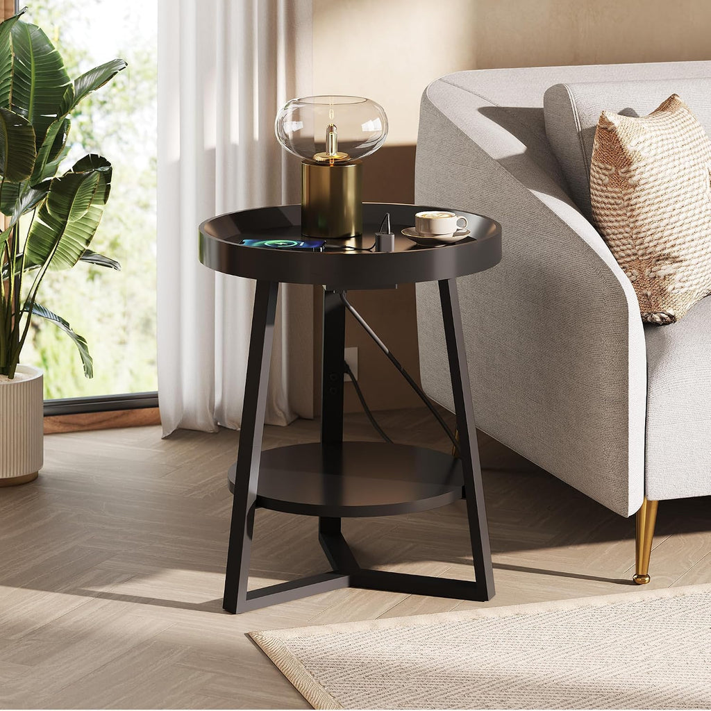 WLIVE Small Round Side Table with Charging Station, Round Coffee Table, 2 Tier End Table for Living Room/Bedroom, Sofa Couch, Easy to Assemble, Wood Tabletop & Metal Frame, Black
