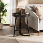 WLIVE Small Round Side Table with Charging Station, Round Coffee Table, 2 Tier End Table for Living Room/Bedroom, Sofa Couch, Easy to Assemble, Wood Tabletop & Metal Frame, Black