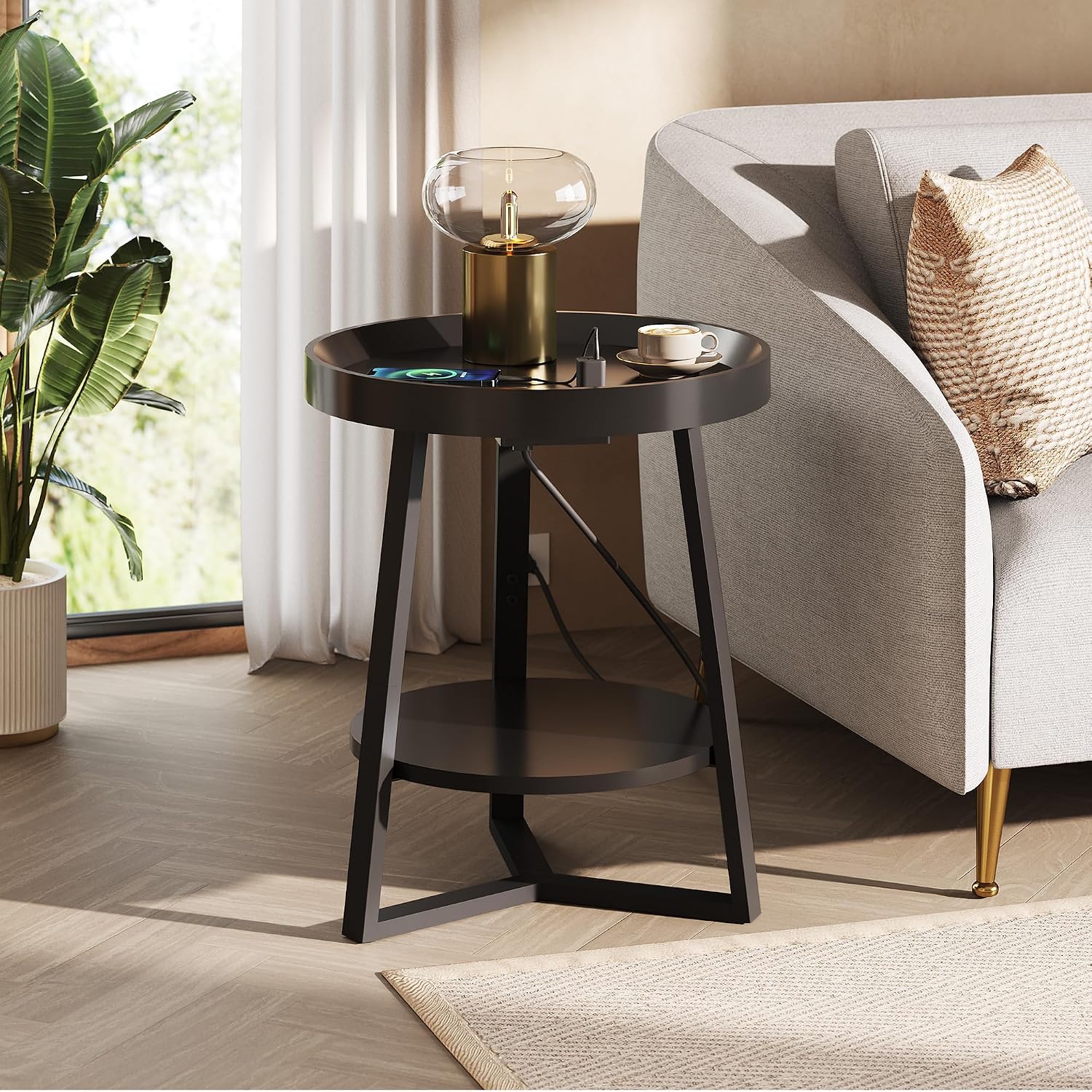 WLIVE Small Round Side Table with Charging Station, Round Coffee Table, 2 Tier End Table for Living Room/Bedroom, Sofa Couch, Easy to Assemble, Wood Tabletop & Metal Frame, Black