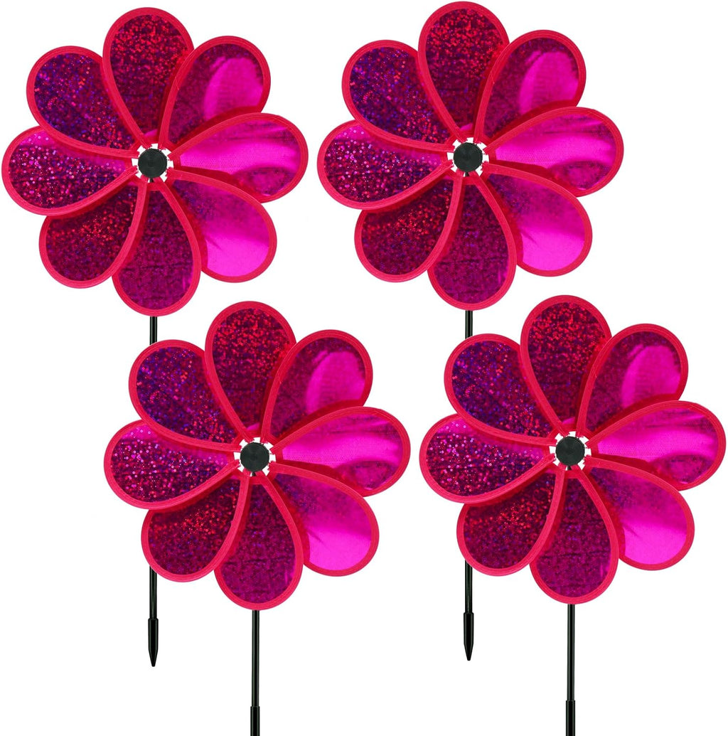 4PCS Flower Wind Spinner Sparkly Lawn Pinwheel 11.8 inch Hot Pink Garden Windmill for Garden, Party, Outdoor, Yard Decor