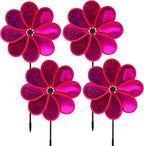 4PCS Flower Wind Spinner Sparkly Lawn Pinwheel 11.8 inch Hot Pink Garden Windmill for Garden, Party, Outdoor, Yard Decor