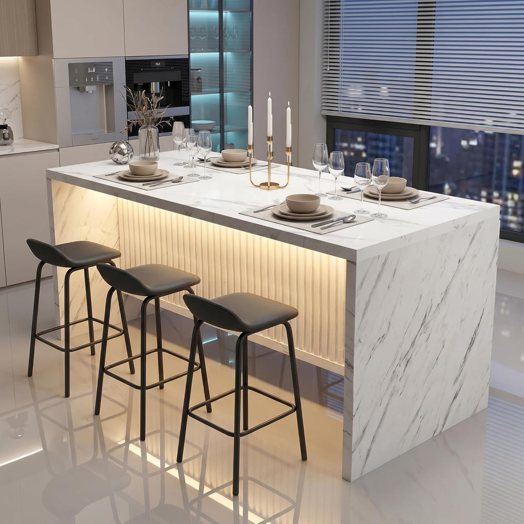 71’’ Large Faux Marble Dining Table for 6 People, 37.4’’H Tall Modern Kitchen Island with LED Lights, Rectangle Kitchen Dining Table for Home