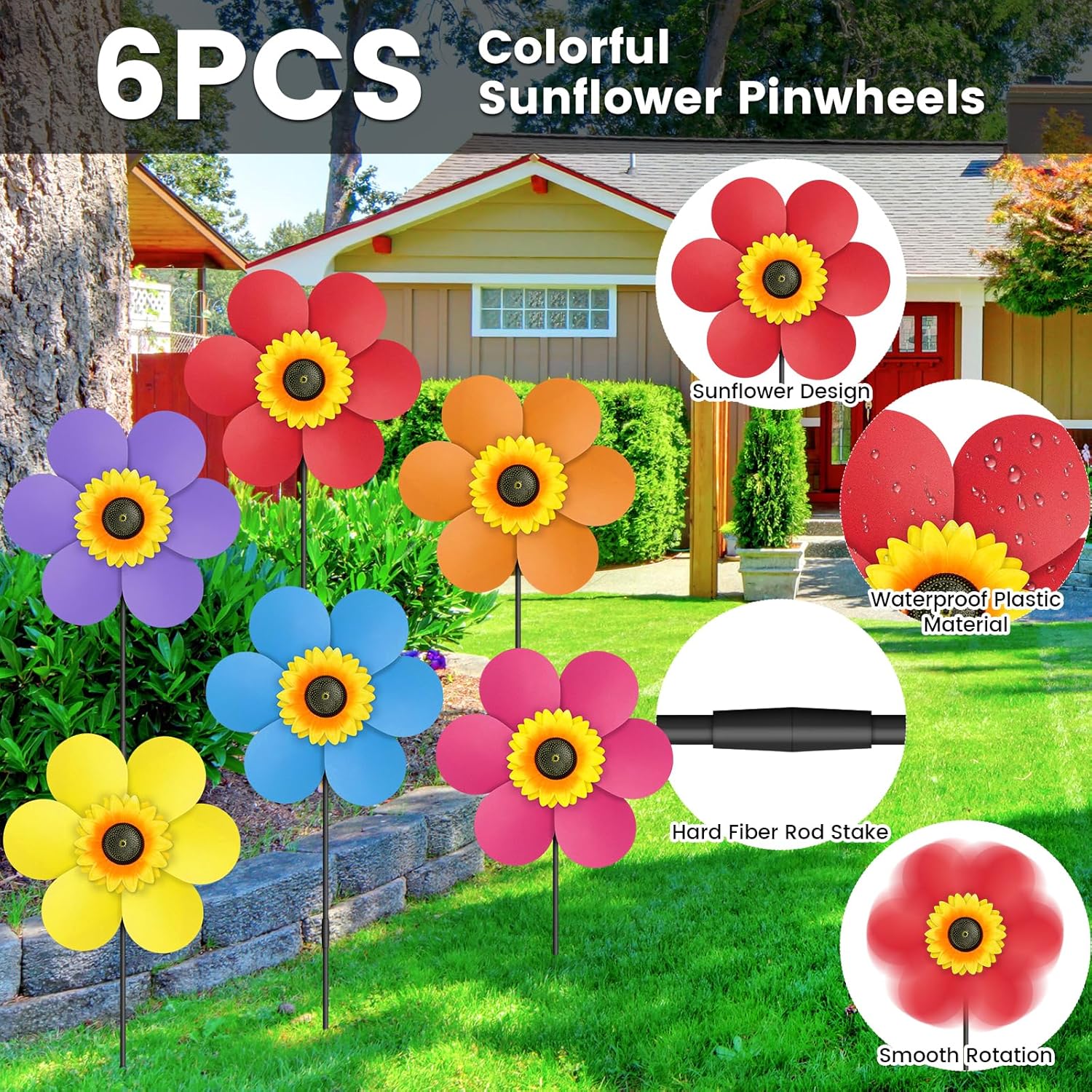 6PCS Sunflower Wind Spinners with Stakes 14" W x 29" H Wind Spinners Lawn Pinwheel Rainbow Windmill Outdoor Pinwheels for Yard Decoration（Multicolor）