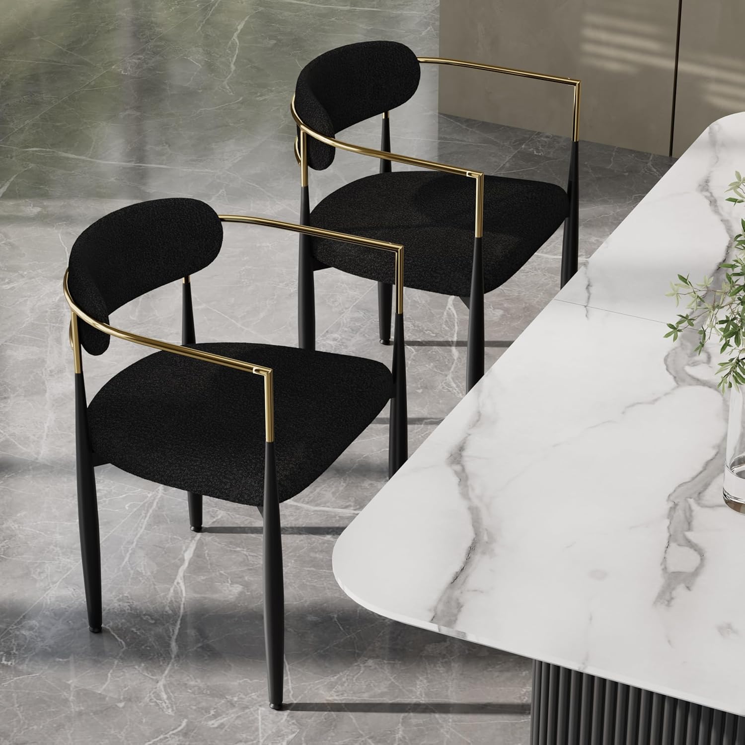 Baysitone Dining Chairs Set of 2 Mid-Century Modern Upholstered Boucle Dining Room Chairs Open Back Curved Backrest Black Metal Legs Gold Armchairs for Kitchen Living Room, Black(Only Chairs)