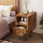 Narrow Nightstand, Solid Wood Night Stand with Drawers, Walnut Mid Century Modern Nightstand, Small Bedside Table with Open Storage Shelf for Bedroom (12 Inch)