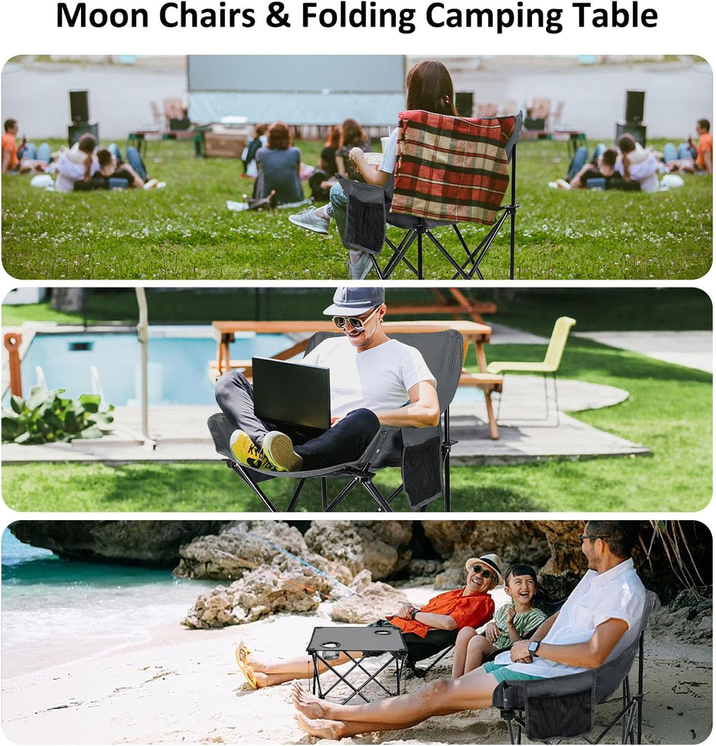 Leonyo Camping Chairs for Adults, 2 Pack Folding Lawn Chair & Table, Grey | Oversized & Portable Beach Chair for Outdoor Sports, Fishing, Rv Travel, Picnic