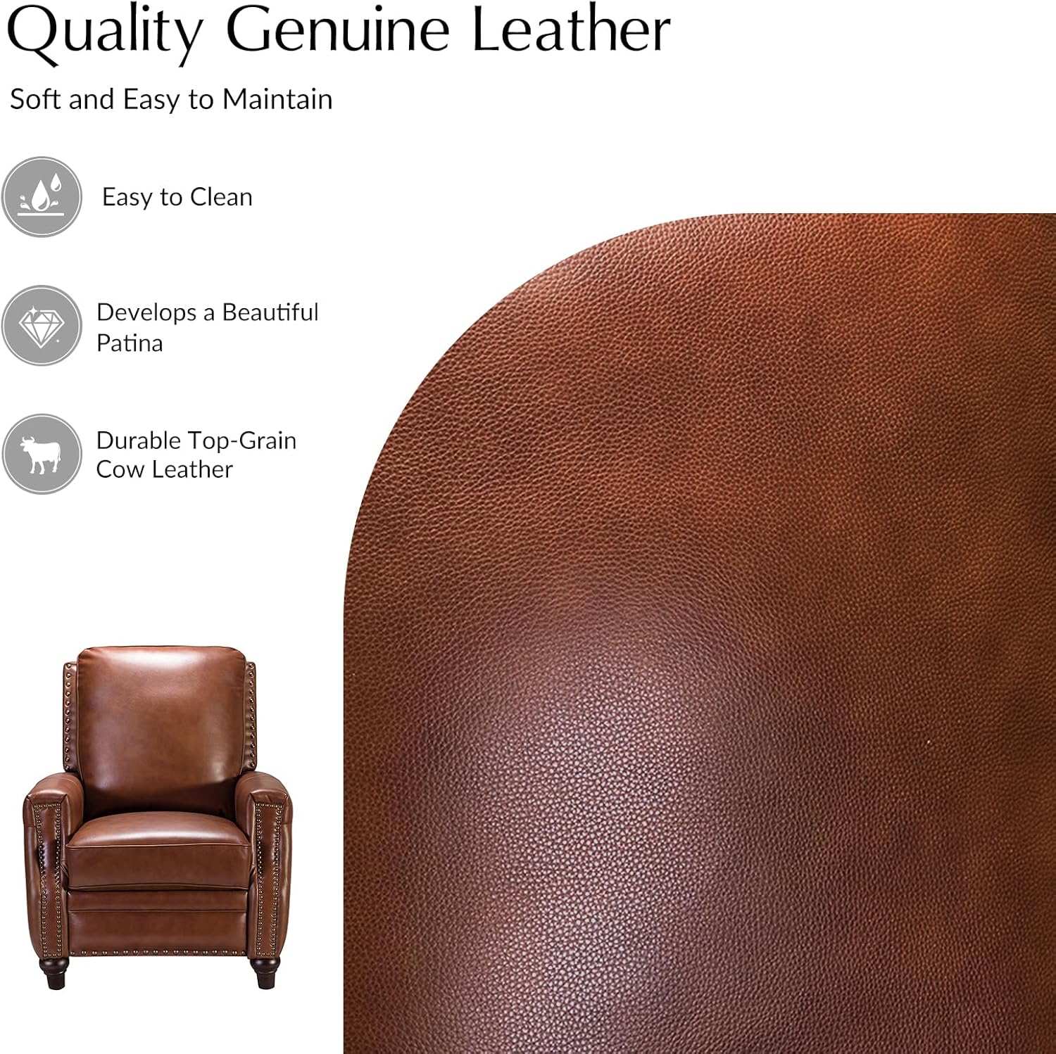 HULALA HOME Genuine Leather Manual Recliner Chairs Set of 2 with Adjustable Backrest & Footrest, Mid Century Modern Push Back Recliners with Nailhead Trim & Wood Legs, Brown