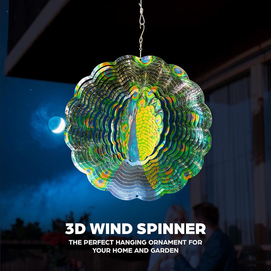 Skylar Peacock Wind Spinner, Stainless-Steel Garden Decor, 3D Wind Decoration with Holographic Effect, Unique 12-Inch Sun Catcher, Foldable Ornament, Support Hook Holes for Hanging, Hooks Not Included