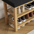 2 Tier Shoe Rack Bench with Cushion, Rubberwood Shoe Benches, Mid-Century Modern Shoe Storage Bench for Entryway, Hallway, Living Room, Closet, Front Door Entrance, Black