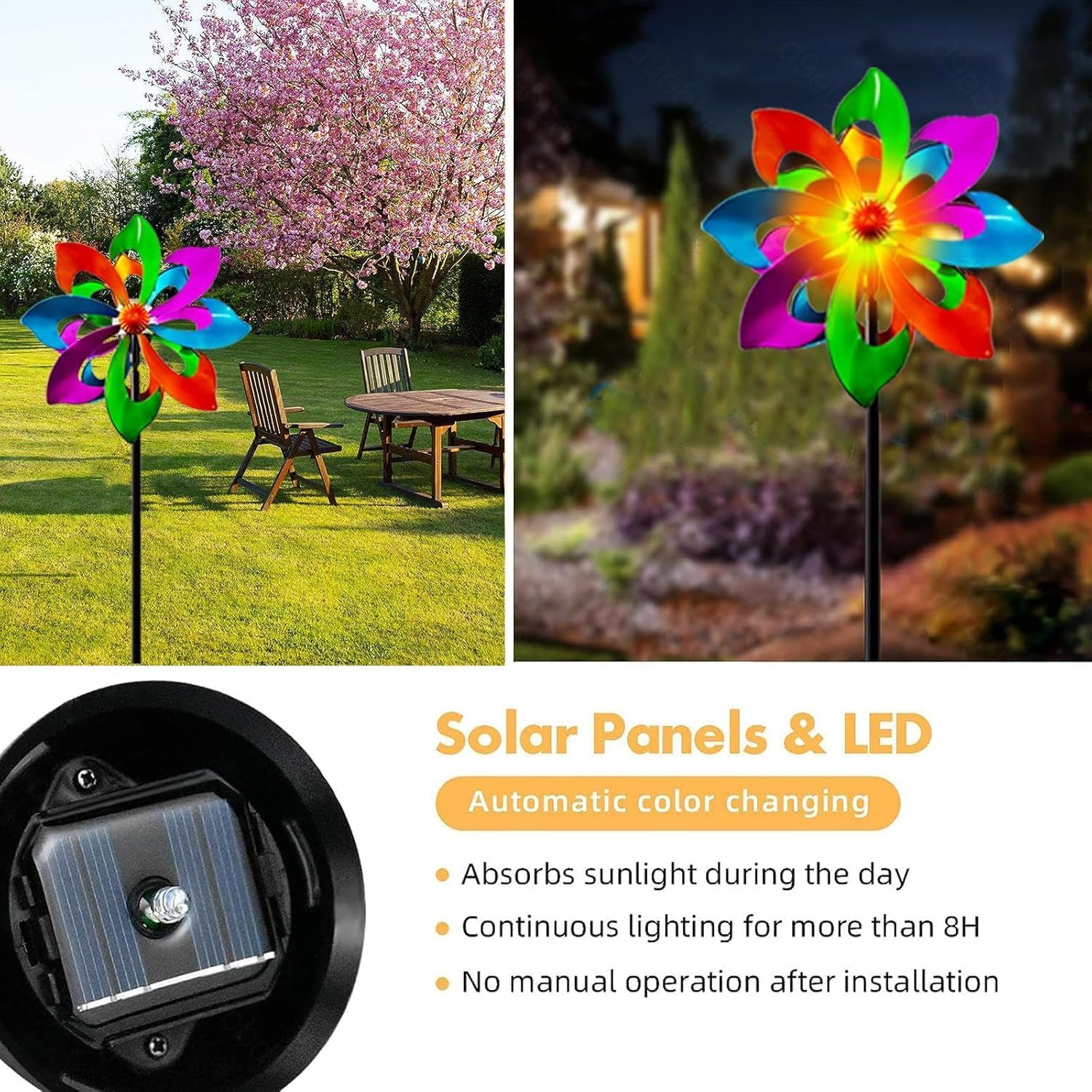 Solar Metal Wind Spinner, Multi-Color Led Lighting Solar Powered Glass Ball Dual Direction for Outdoor Patio Lawn & Garden,Blue(13" W x 75" H)