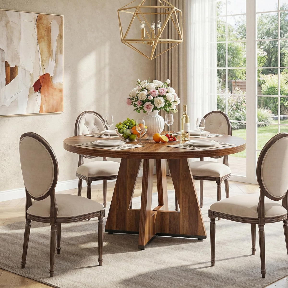 Lailang 47 Inch Dining Table, Round Kitchen Table, Dining Room Table for 4, Rustic Wood Dinner Table, Small Apartment Dining Table, Modern Kitchen Table, 47 x 47 x 30 Inch, Brown