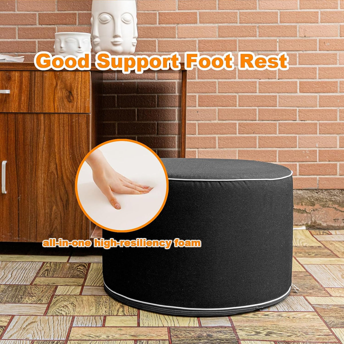 Outdoor Ottomans for Patio Pouf Waterproof Fade-Resistant Ottoman Foot Rest for Outdoor - Ottoman Chair Filled with High-Density All-in-One Foam, 20" D x 14" H Inches (Black, Round)