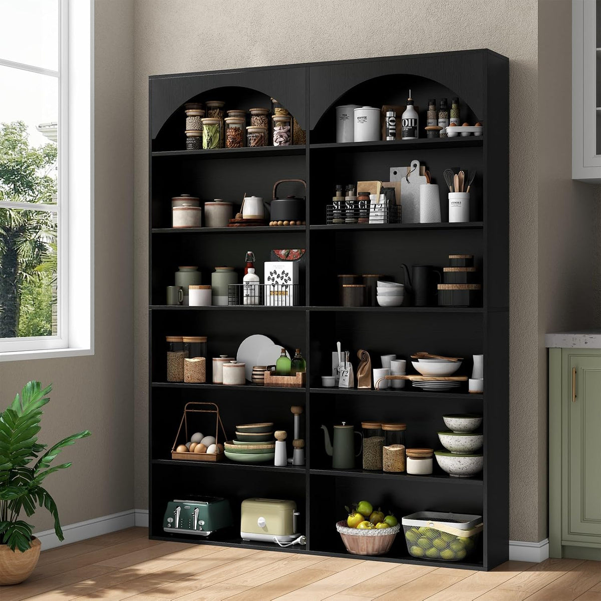 Gyfimoie 70.8’’ Tall Bookshelf and Bookcase, 7-Tier Double Wide Bookcase Modern Large Open Display Shelves with Curved Baffle for Home Office Living Room (Black)