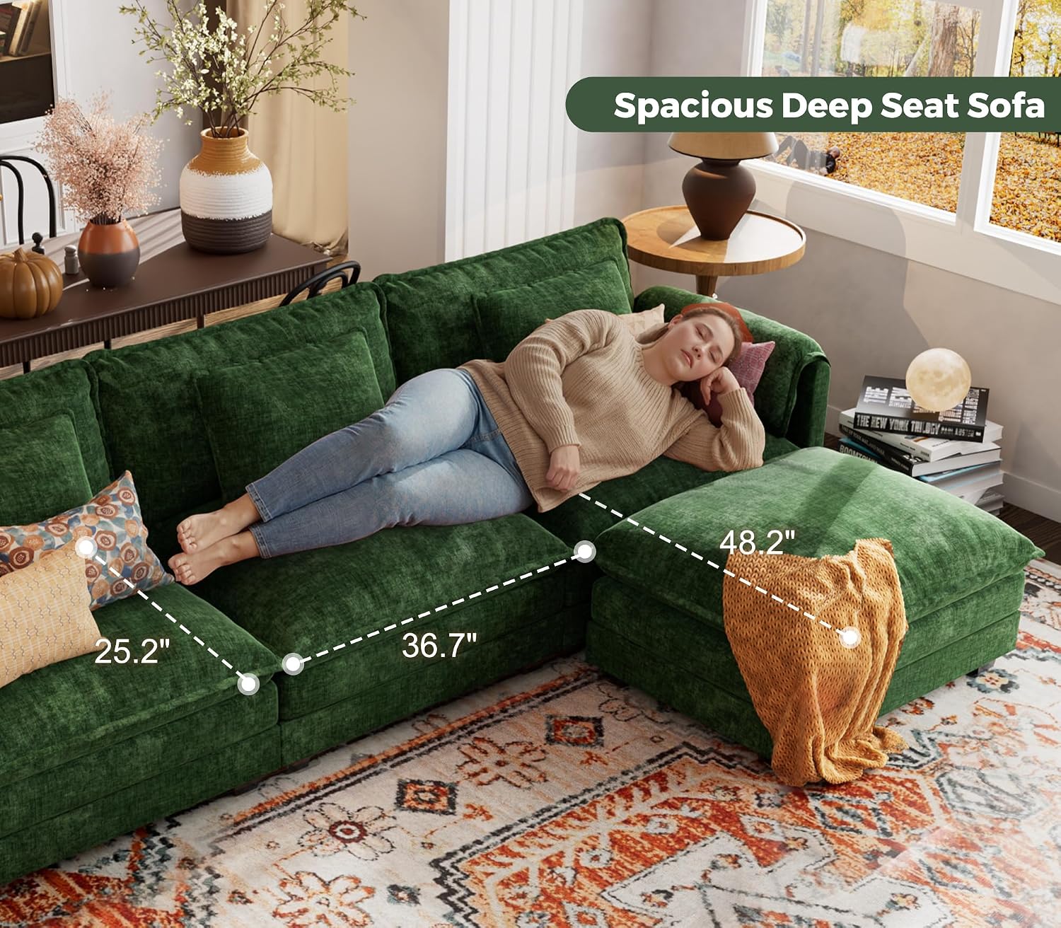 ELUCHANG 113" Oversized Modular Sectional Sofa, Comfy Chenille Cloud Couch, 4-Seater L Shaped Modern Deep Seat Sofa w/Removable Covers for Living Room, Bedroom, DIY Combination - Green