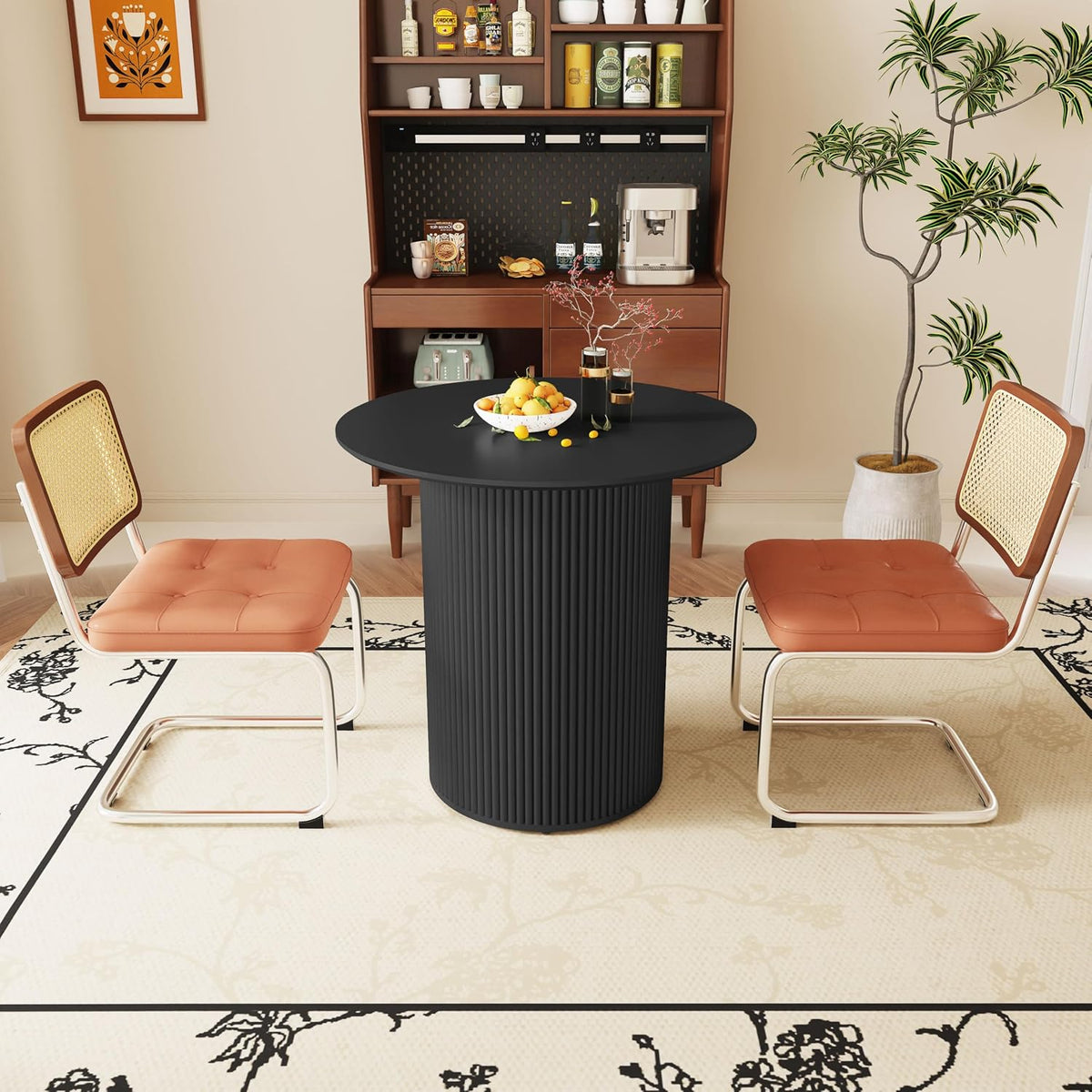 31.5 inch Round Dining Table for 2, Farmhouse Wood Fluted Dinner Round Kitchen Table with Wood Fluted Base, Mid-Century Modern Small Circle Dining Room Ta ble for Kitchen Living Room (Black)