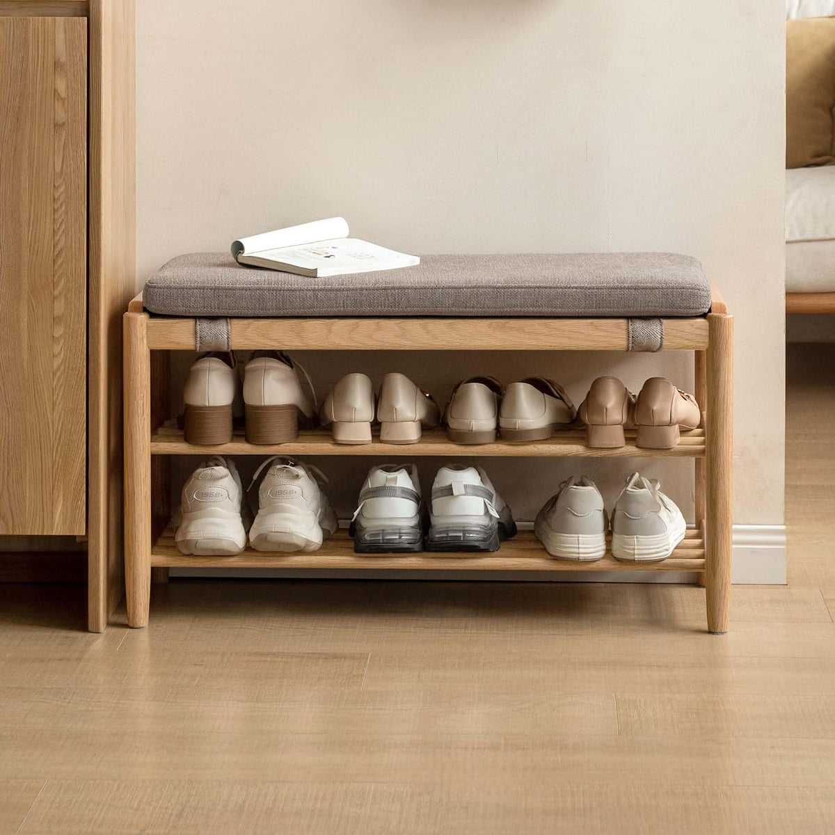 YESWOOD Solid Wood Shoe Bench Assembled, Shoe Rack Bench with Cushion for Entryway, Living Room, Bedroom, Hallway, 31.49“ x 11.81” x 17.71", Nature+Gray