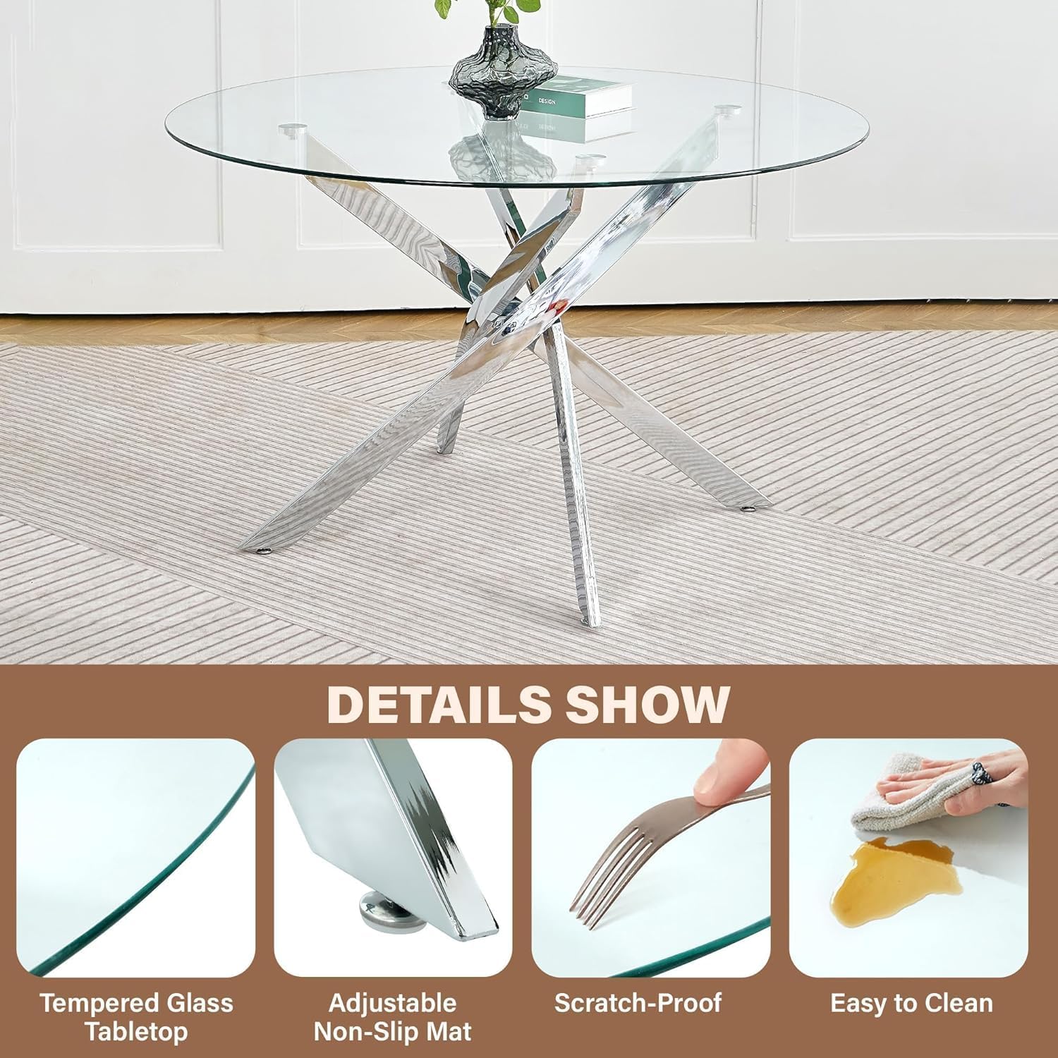 5-Piece Round Dining Table Set for 4, 47" Small Circle Tempered Glass Kitchen Table Set with Chrome Silver Leg, Upholstered Chair Side Chair for Dining Room Apartment Home, White