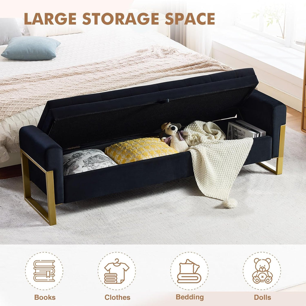 67" Storage Bench for Bedroom, King Size End of Bed Bench, Upholstered Storage Ottoman Bench with Golden Metal Legs, Bedroom Bench for Entryway, Black