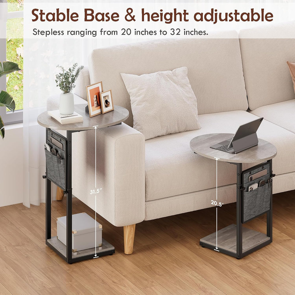 Vagusicc C Shaped End Table, Adjustable Height Small Side Table for Couch and Recliner, 32" Tall Couch Side Table Slide Under Sofa Tray Desk with Storage Bag for Living Room and Bedroom, Greige