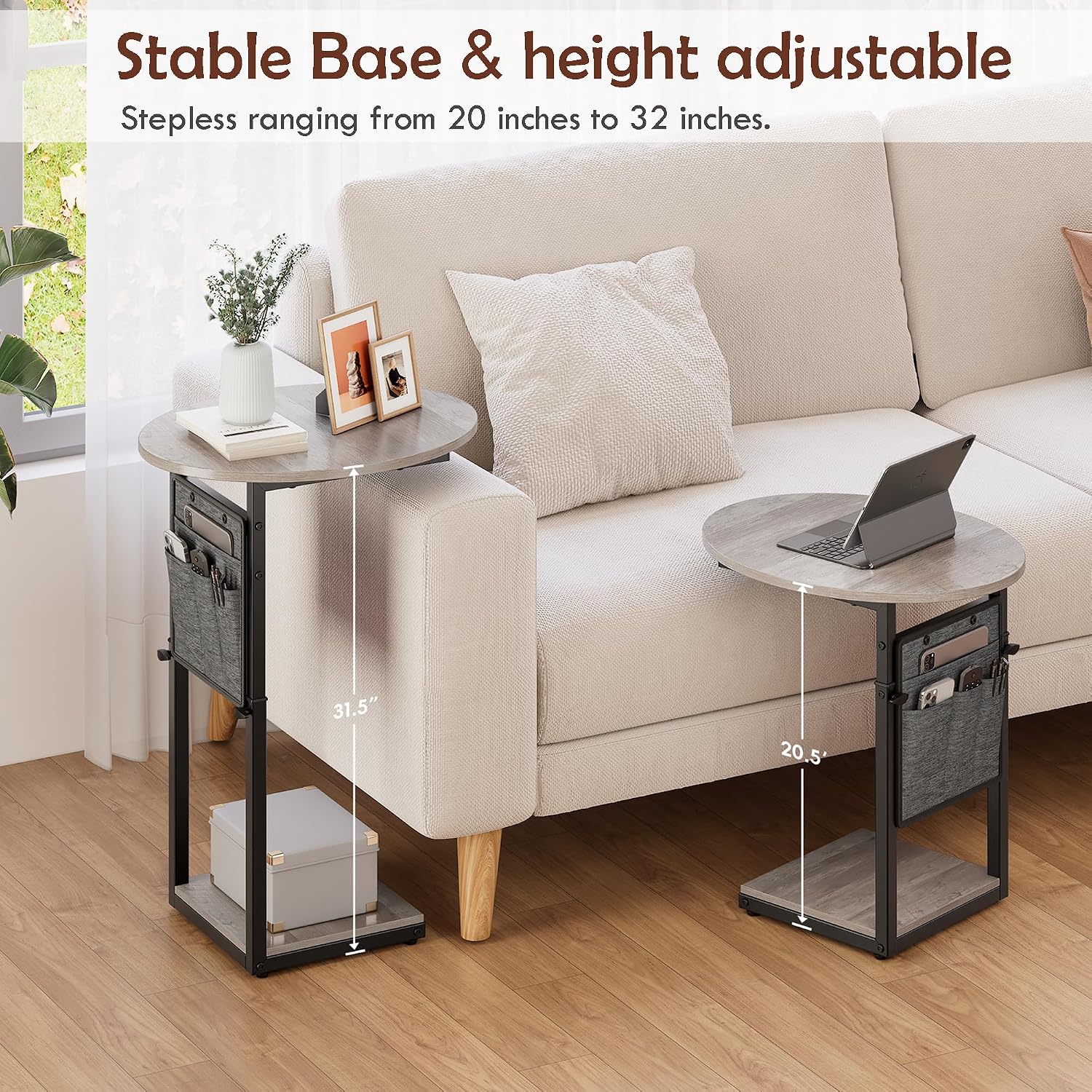 Vagusicc C Shaped End Table, Adjustable Height Small Side Table for Couch and Recliner, 32" Tall Couch Side Table Slide Under Sofa Tray Desk with Storage Bag for Living Room and Bedroom, Greige