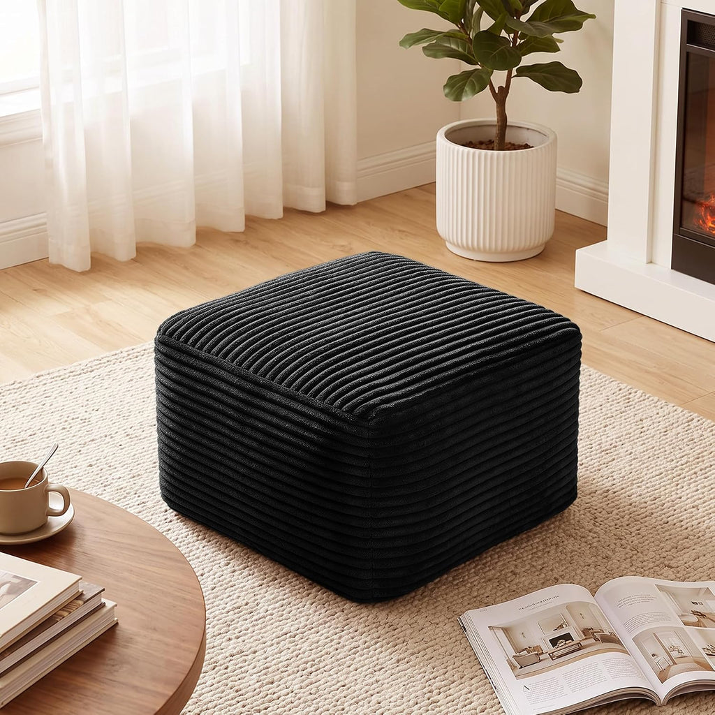 27.6" Floor Ottoman, Plush Corduroy Ottoman Foot Rest for Couch in a Box, Compressed Soft Foam Footrest No Assembly Require, Large Square Footstool for Living Room, Bedroom, Black