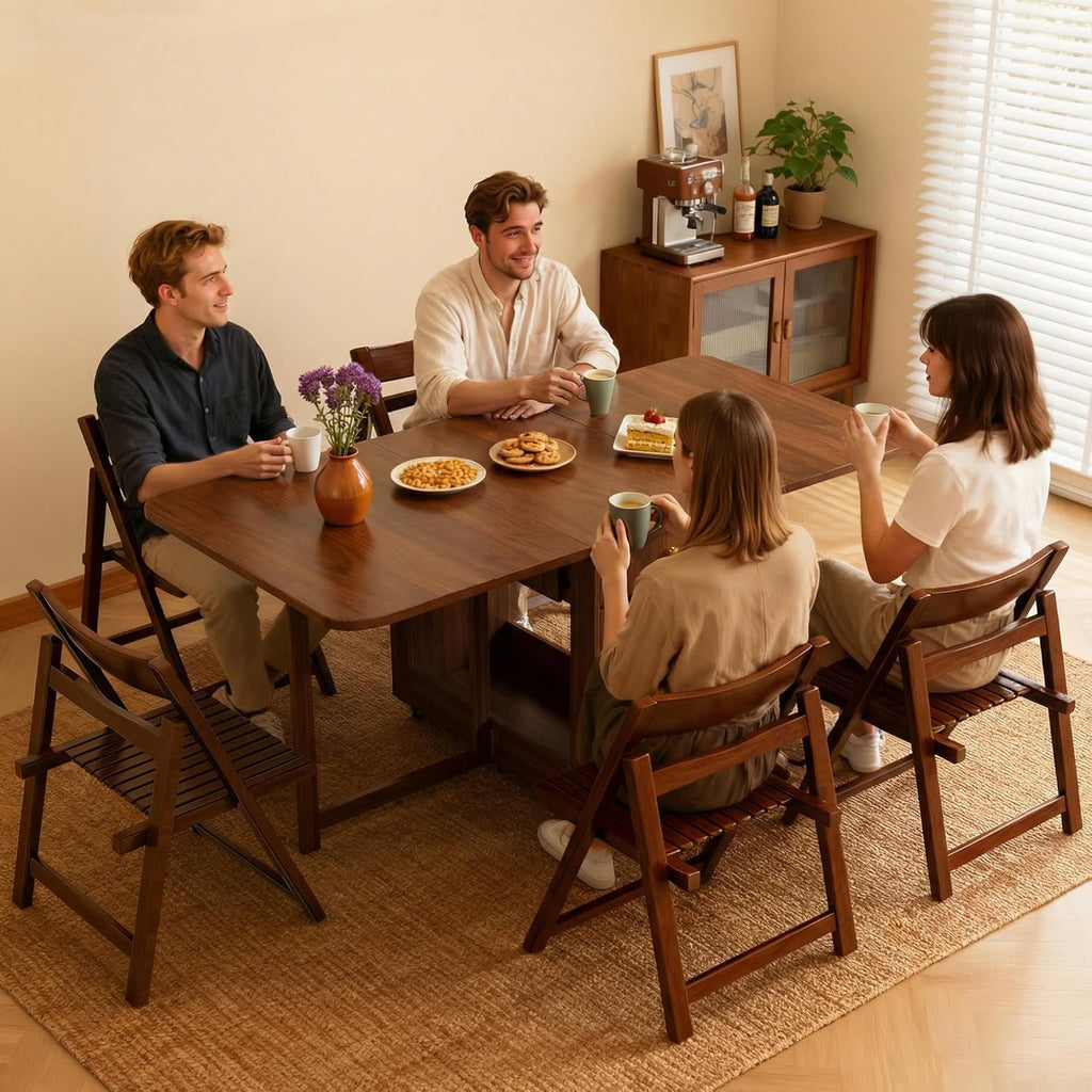 Drop Leaf Table and Chairs - 51" Fully Assembled Folding Dining Table 4-6 Seater with Storage and Lockable Wheels, Space-Saving Set with 4 Chairs for Kitchen or Dining Room (Walnut)