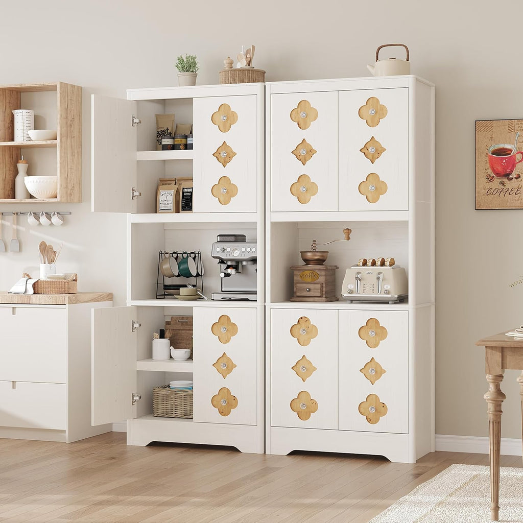 IDEALHOUSE Mid Century Modern Kitchen Pantry Cabinet, 72" Tall Storage Cabinet with Microwave Shelf, Wooden Freestand Cupboard with Carved Flower Door & Crystal Handle, for Dining Room
