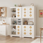IDEALHOUSE Mid Century Modern Kitchen Pantry Cabinet, 72" Tall Storage Cabinet with Microwave Shelf, Wooden Freestand Cupboard with Carved Flower Door & Crystal Handle, for Dining Room